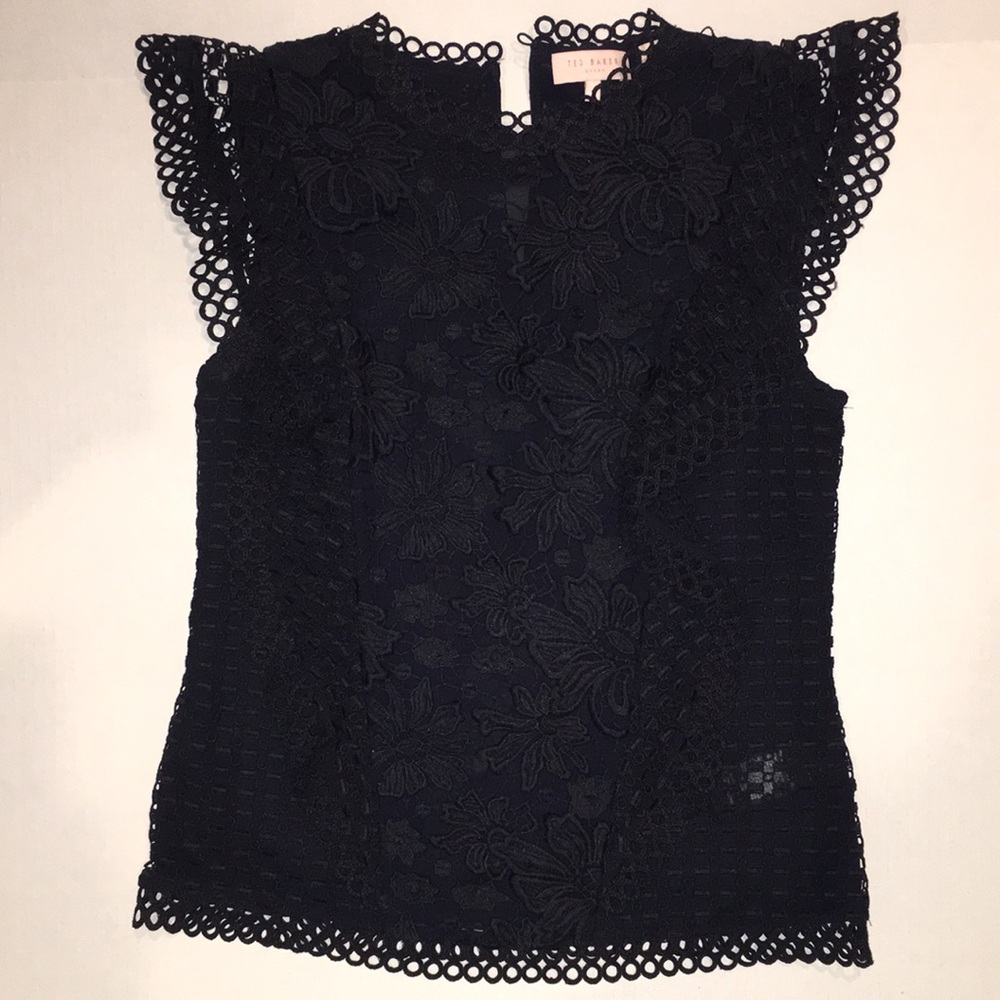 Ted Baker London Dark navy Lace Flutter Sleeve Blouse Size 1 (US XS/S) - Picture 3 of 10